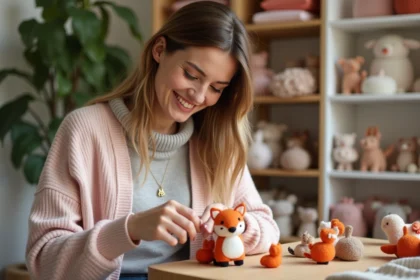 Femme arrangeant accessoires animaux dans une boutique