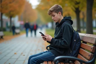 Adolescent assis dans un parc urbain consultant son smartphone, illustrant la surveillance mobile des ados
