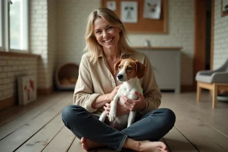 Femme tenant un chien adulte dans un refuge animalier, moment d'adoption émouvant et authentique