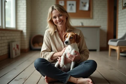Femme tenant un chien adulte dans un refuge animalier, moment d'adoption émouvant et authentique