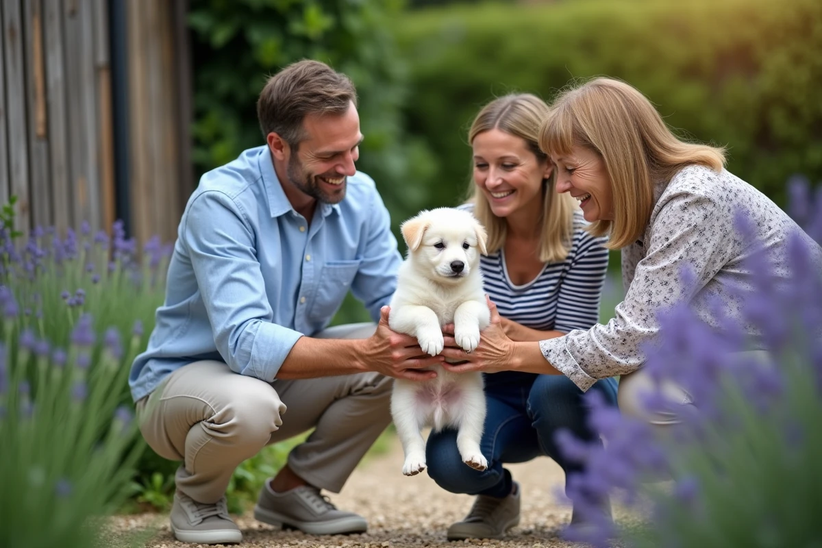 Famille recevant un chiot blanc gratuit d'une donatrice dans un jardin en Gironde
