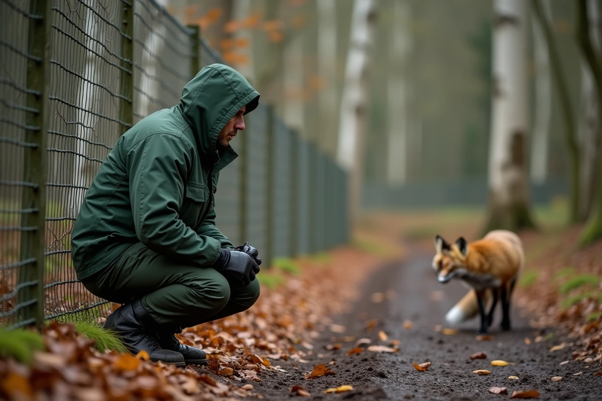 Agent de terrain inspectant une clôture d'exclusion en lisière de forêt avec un renard observant à distance