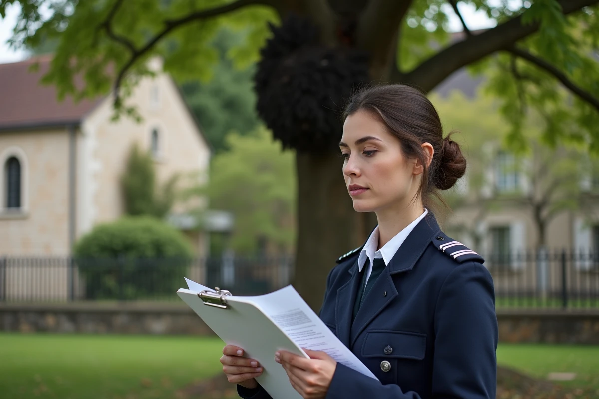 Agente municipale en uniforme consultant un dossier réglementaire devant un arbre abritant un nid de frelon noir dans un parc de village français