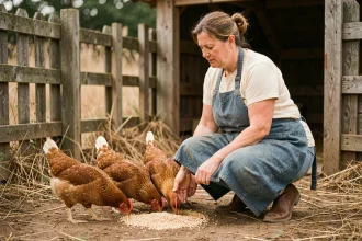 Agricultrice observant ses poules pondeuses dans un poulailler rustique en plein air