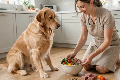 Golden Retriever au pelage brillant devant un bol de nourriture fraîche fait maison dans une cuisine moderne, illustrant les effets d'une alimentation naturelle sur le poil du chien