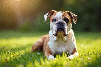 American Bulldog assis dans l'herbe ensoleillée