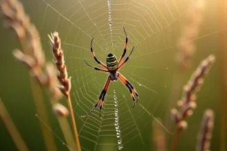 Araignée argiope bruennichi au centre de sa toile couverte de rosée dans une prairie en automne