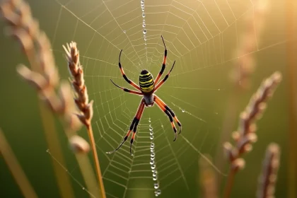 Araignée argiope bruennichi au centre de sa toile couverte de rosée dans une prairie en automne