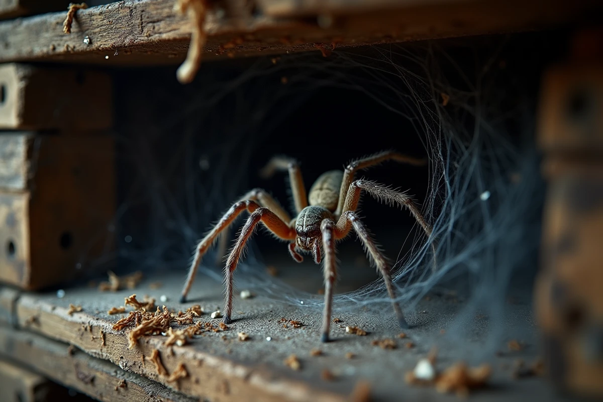 Araignée domestique européenne dans sa toile en entonnoir dans un coin sombre de grange en bois