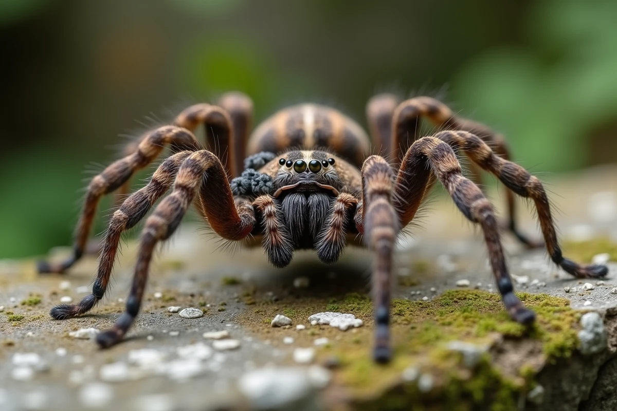 Araignée louve femelle portant ses petits sur le dos sur un mur de pierre moussu dans un jardin