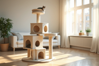Arbre à chat beige dans un salon lumineux moderne