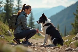 Femme sportive examinant la patte de son border collie sur un sentier de montagne, illustrant l'importance de l'assurance santé pour chiens sportifs