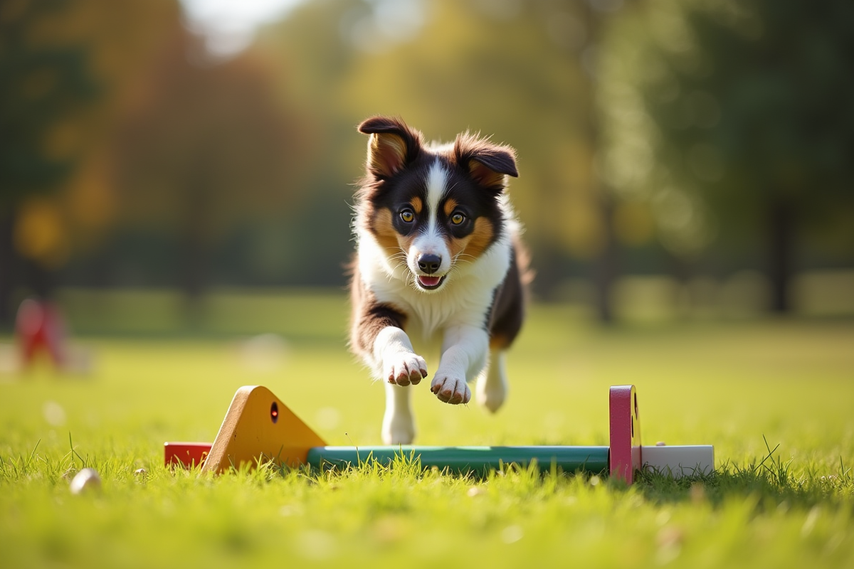Australian Shepherd sautant un obstacle en plein air