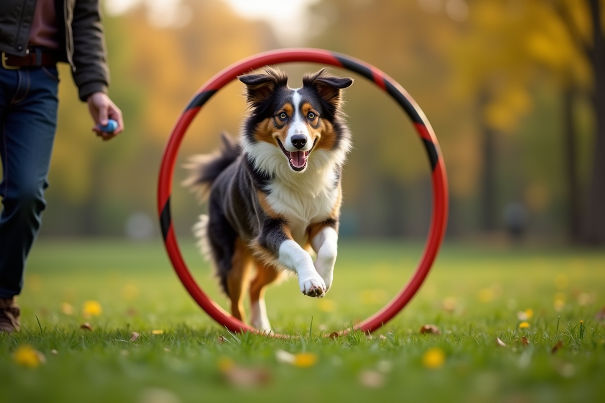Chien australien sautant à travers un cerceau en parc