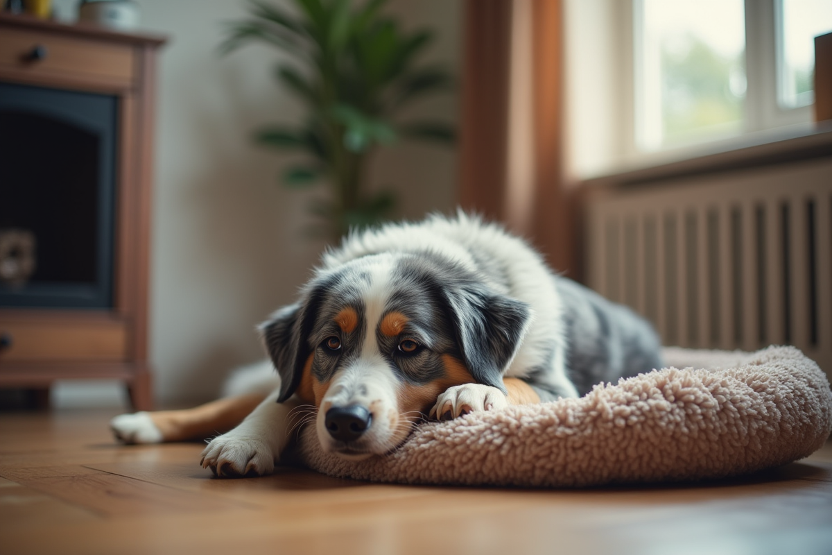 Chien Australian Shepherd bleu merle reposant à la maison