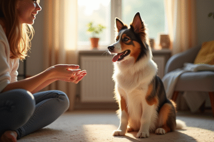 Chien australien tricolore assis attentivement dans un salon