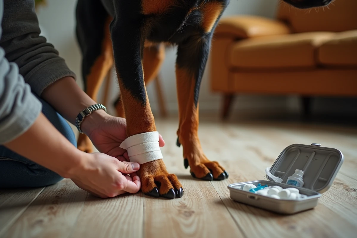 Bandage appliqué sur l'ergot blessé d'un Beauceron à la maison