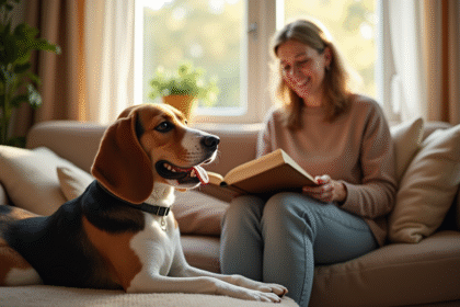 Beagle détendu sur un canapé dans un salon chaleureux