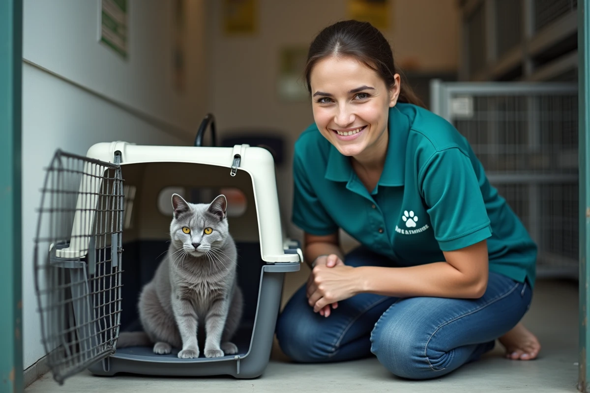 Bénévole d'une association de protection animale accueillant un chat dans un refuge