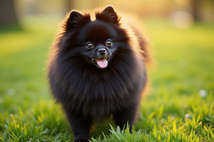 Chien Pomeranian noir dans un parc ensoleille