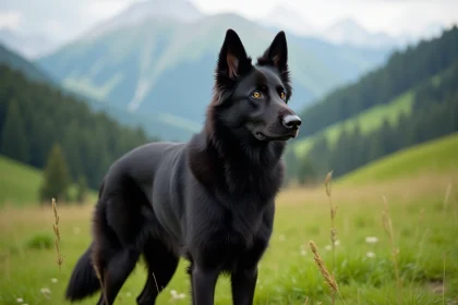 Berger Suisse Noir adulte en plein air dans un pré alpin, pelage noir brillant et regard expressif
