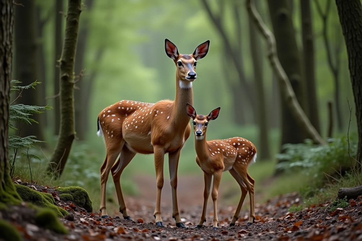 Biche cerf femelle adulte et son faon tacheté dans les sous-bois d'une forêt française, illustrant la différence entre biche et chevrette