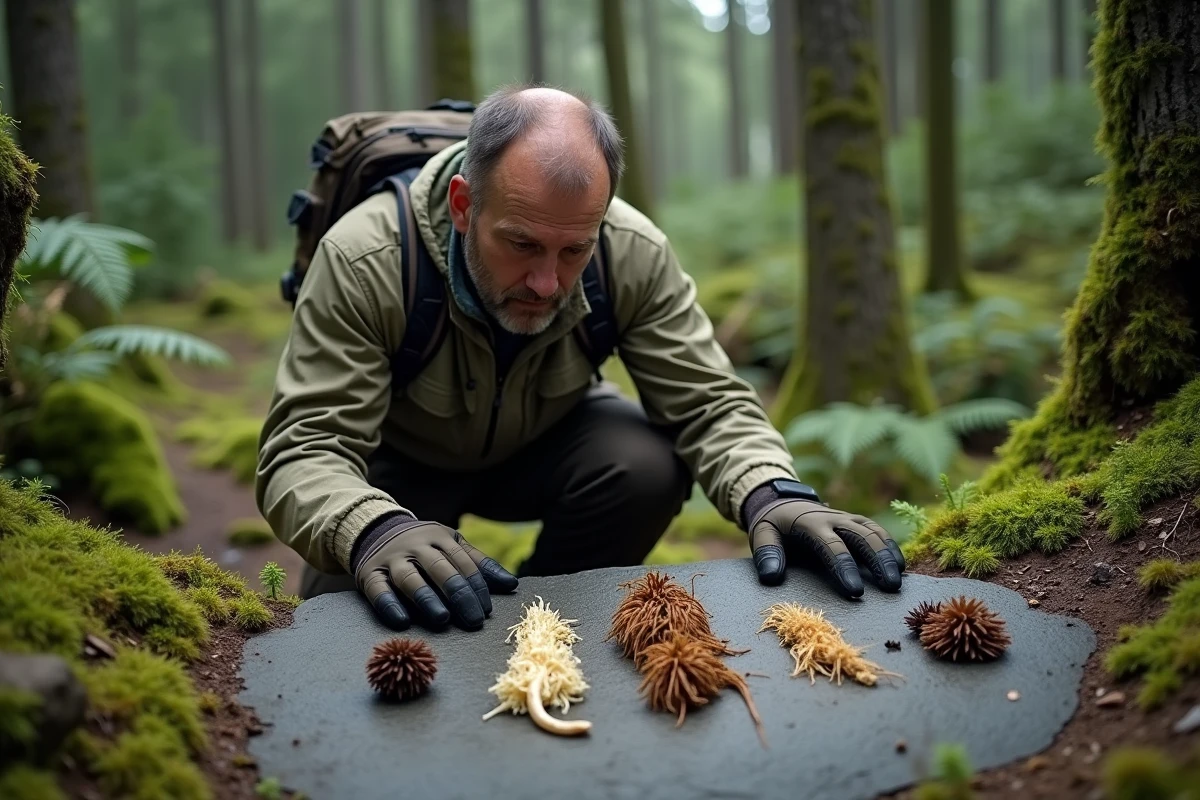 Biologiste examinant des échantillons de déjections en forêt