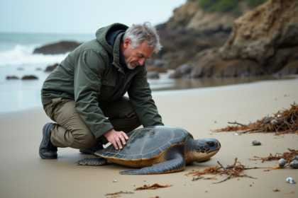 Biologiste marin examinant une tortue échouée sur la plage
