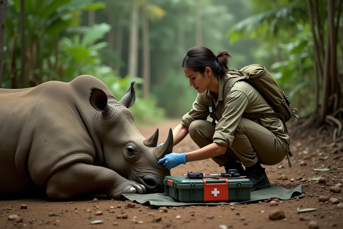 Biologiste en conservation examinant un rhinocéros de Java sédaté lors d'une intervention d'urgence en forêt tropicale
