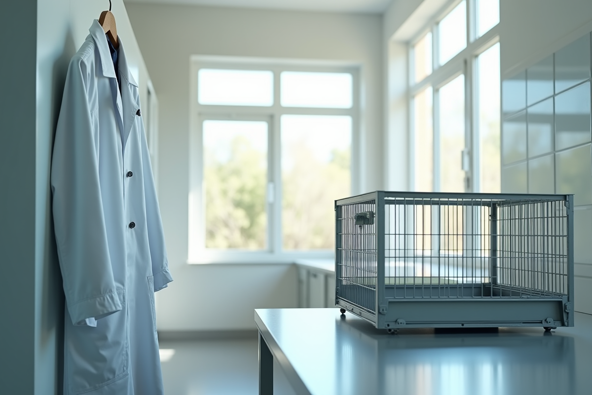 Blouse blanche suspendue dans un laboratoire vide et ensoleille