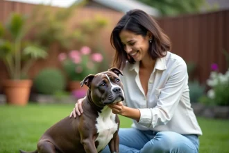 Femme adulte caressant un Bulldog Pocket bringé dans un jardin familial verdoyant
