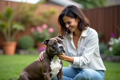 Femme adulte caressant un Bulldog Pocket bringé dans un jardin familial verdoyant