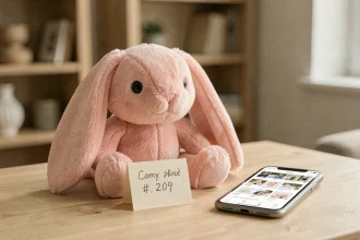 Peluche Bunny Pal rose avec étiquette de prix posée sur une table en bois, vue en gros plan réaliste