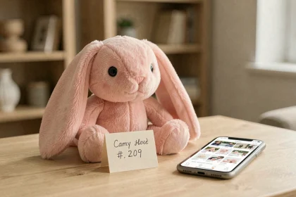 Peluche Bunny Pal rose avec étiquette de prix posée sur une table en bois, vue en gros plan réaliste