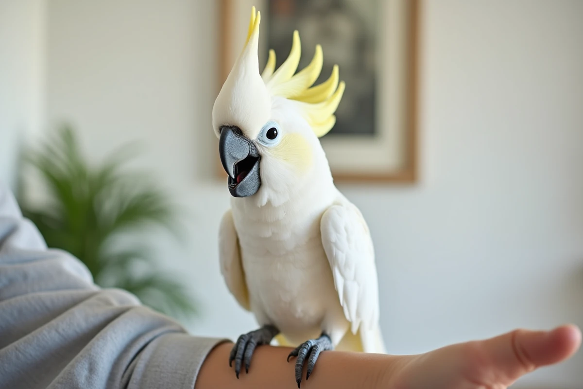 Cacatoès blanc à huppe jaune levée perché sur un bras humain en intérieur, bec ouvert dans une posture expressive et enjouée
