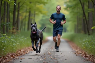 Chien Cane Corso bleu courant avec un homme lors d'un jogging en nature