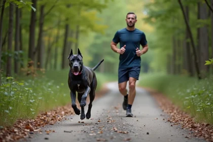 Chien Cane Corso bleu courant avec un homme lors d'un jogging en nature