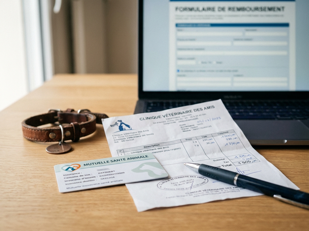 Carte de mutuelle chien, facture vétérinaire et collier posés sur un bureau pour une demande de remboursement