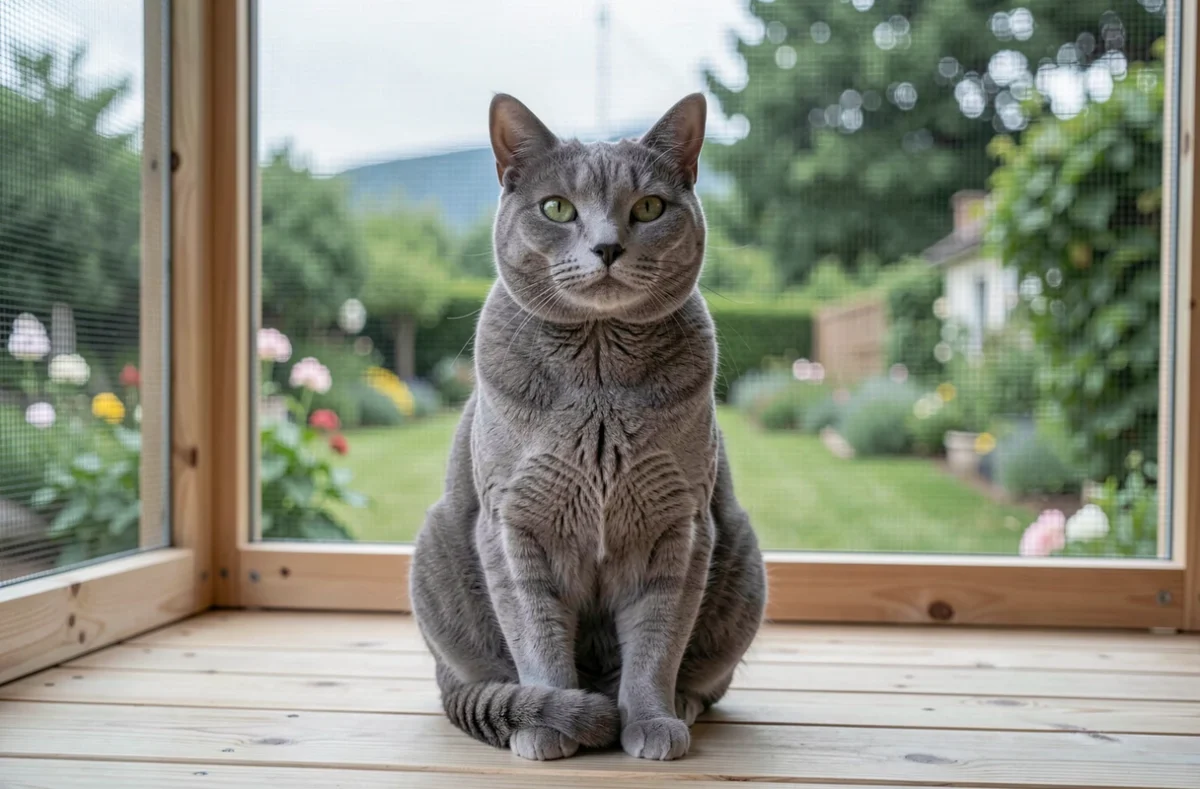 Chat British Shorthair dans le vaste enclos extérieur de la pension Catnacdog's dans le Rhône