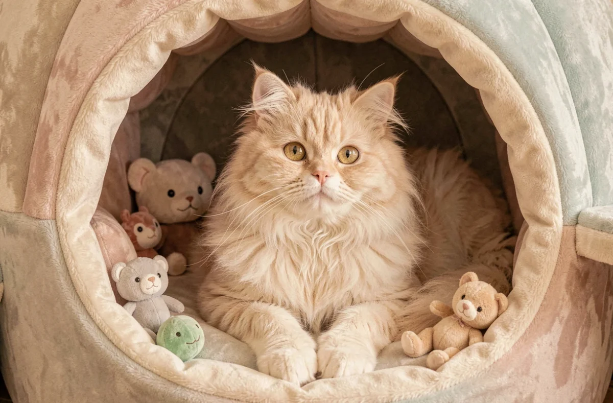 Chat persan confortablement installé dans un pod douillet de la pension Cat's Cocoon à Rillieux-la-Pape