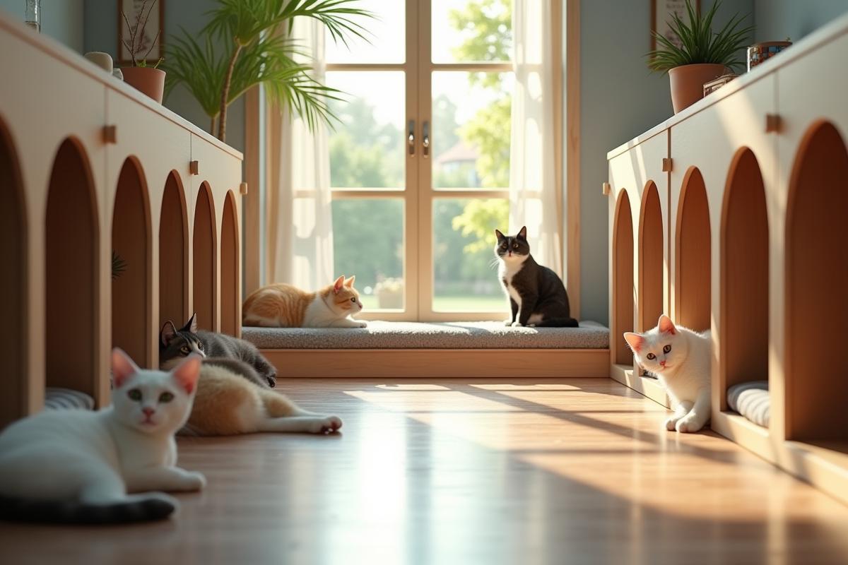 Une chatterie avec plusieurs chats reposant dans des enclos spacieux