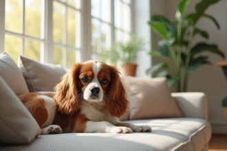 Cavalier King Charles Spaniel relaxant sur un canapé moderne dans un salon lumineux
