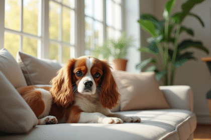 Cavalier King Charles Spaniel relaxant sur un canapé moderne dans un salon lumineux