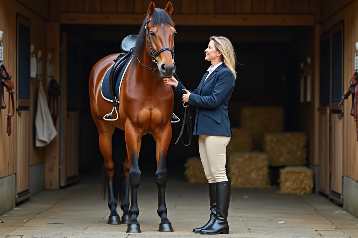 Cavalière expérimentée aux côtés d'un cheval Pur-sang dans une écurie traditionnelle