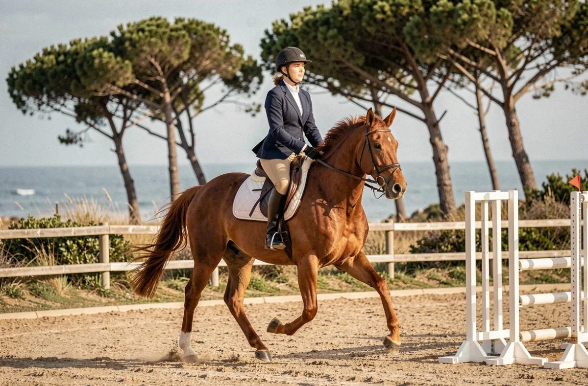 Jeune cavalière en veste marine galopant sur un cheval alezan dans l'arène du Centre Équestre de La Baule avec les pins côtiers en arrière-plan