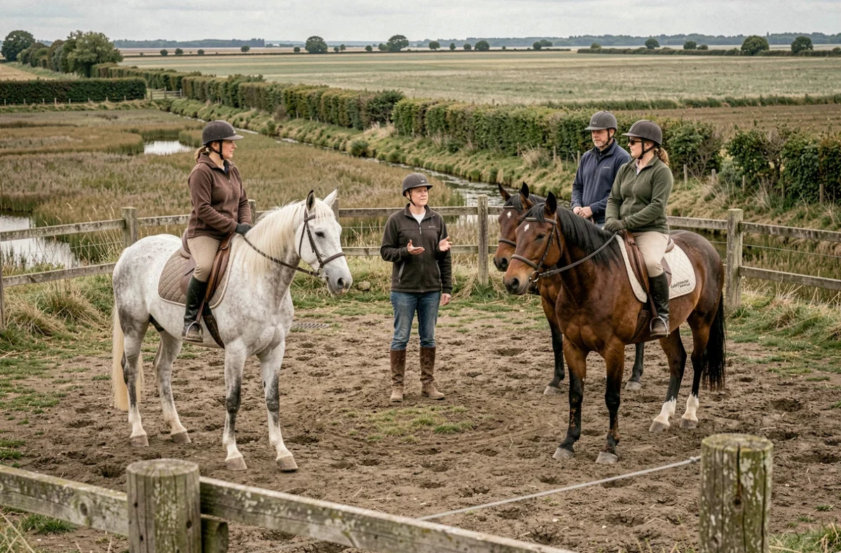 Cours d'équitation en plein air au Centre Équestre La Champagne à Saint-Molf avec des cavaliers sur des chevaux gris et bais dans un cadre bocager rural