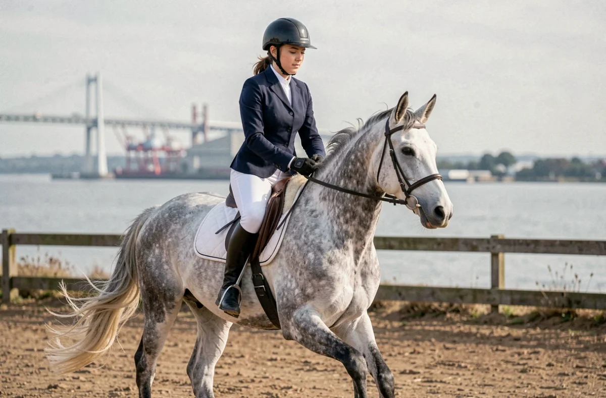 Cavalière sur un cheval gris au trot dans l'arène du Centre Équestre du Sabot d'Or à Saint-Nazaire avec le pont de Saint-Nazaire visible en arrière-plan