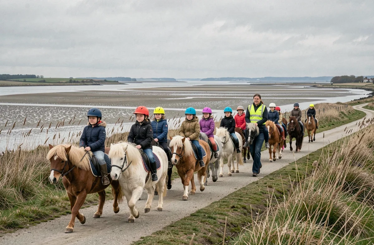 Groupe d'enfants sur des poneys en balade le long d'un chemin côtier au Centre Hippique de la Mer aux Moutiers-en-Retz avec l'estuaire de la Loire en fond