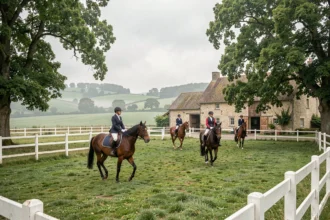 Vue panoramique d'un centre équestre des Pays de la Loire avec des cavaliers sur des chevaux traversant un paddock verdoyant bordé de clôtures blanches