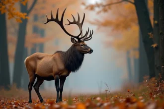 Cerf élaphe mâle adulte avec grand bois en forêt de feuillus en automne, illustrant les caractéristiques distinctives du cerf par rapport au chevreuil